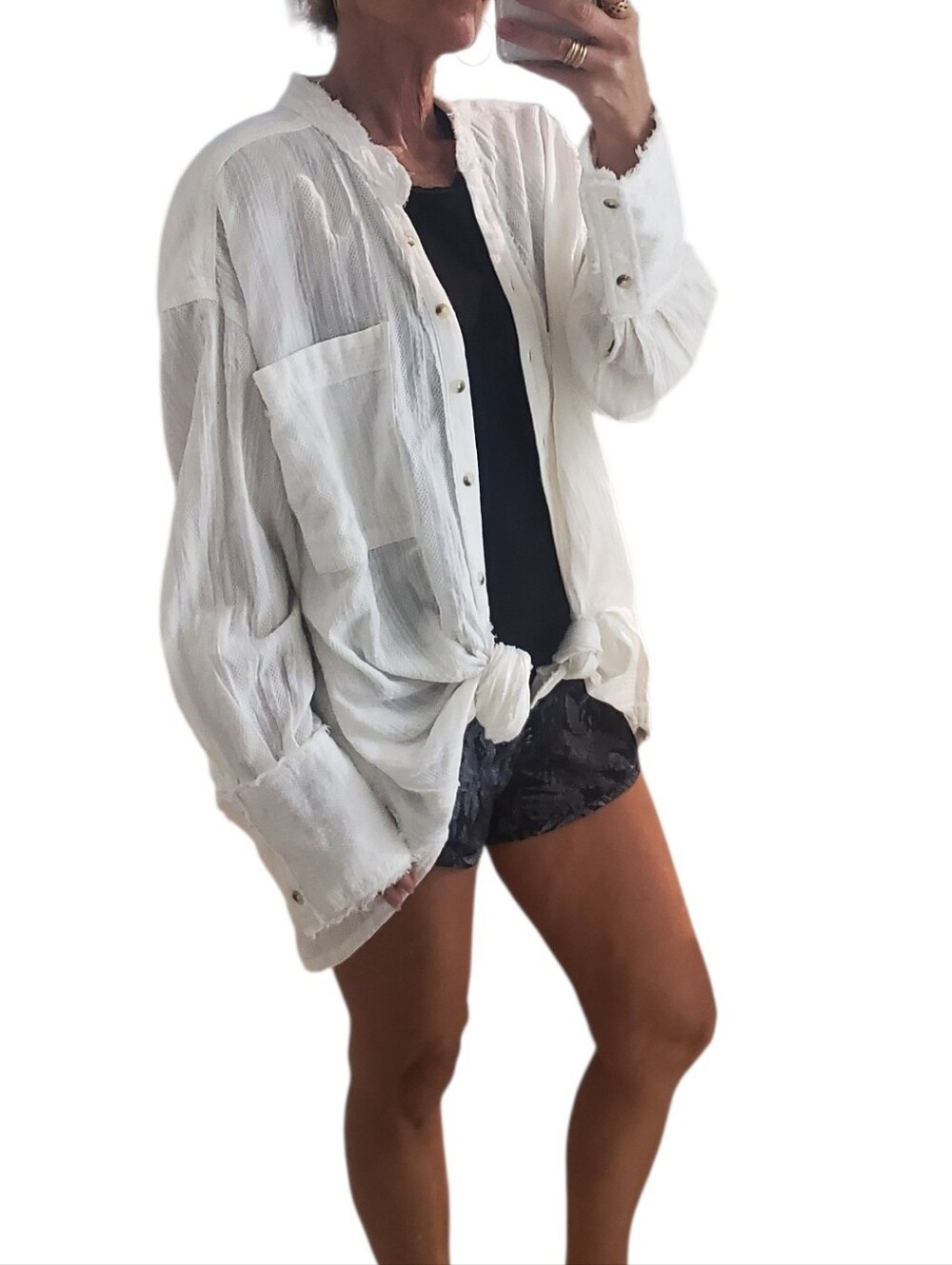 We The Free Sorbet Shirt White Button-down Boho Lightweight Distressed Cotton